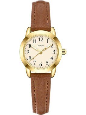 Women's Brown Gold Vintage Analog Slim Leather Strap Quartz Movement Watch